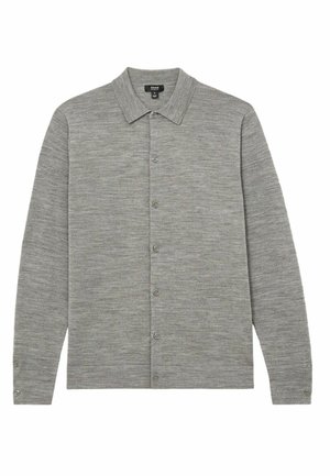 Siva dolgi rokav majica s ovratnikom, sprednjim gumbom in teksturirano tkanino. Ima pet gumbov in rebraste manšete.