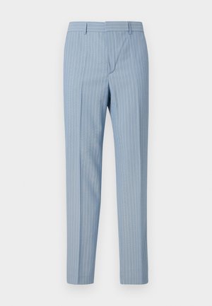 Pantalons rayés bleu clair à coupe slim, dotés de rayures verticales blanches. Fabriqués à partir d'un tissu lisse avec un design ajusté.