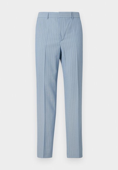 Vaaleansiniset raidalliset housut, joissa on slim fit -leikkaus ja valkoiset pystyrayat. Valmistettu sileästä kankaasta, jossa on räätälöity muotoilu.
