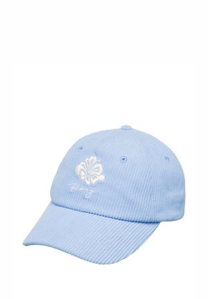 Casquette de baseball en velours côtelé bleu clair avec un motif floral brodé blanc et du texte. Sangle ajustable à l'arrière, visière arrondie.