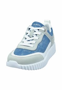 Blue and gray sneaker featuring a textured denim upper, white rubber sole, silver accent, and traditional lace closure.