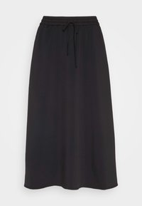 Jupe midi noire avec taille élastique et cordon, coupe droite, design uni sur fond blanc.