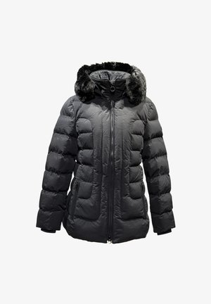 Schwarze Steppjacke mit einer Kapuze aus Kunstfell, gepolstertem Design, Reißverschluss und seitlichen Reißverschlusstaschen. Weiches, isoliertes Material.