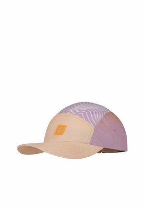 Light pink and lavender cap with striped pattern and a small orange logo patch on the front, curved brim, and adjustable back strap.