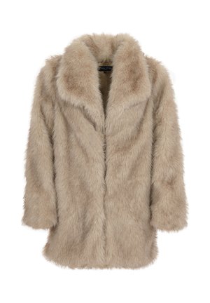 Licht beige nepkatoenen jas met een brede kraag, lange mouwen en een opening aan de voorkant. Zachte textuur en volmondig ontwerp voor warmte.