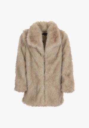 Jasno beżowy płaszcz z futra syntetycznego z szerokim kołnierzem, długimi rękawami i zapięciem z przodu. Miękka struktura i pełny krój, zapewniający ciepło.