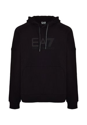 Felpa con cappuccio nera realizzata in morbido tessuto, con tasca frontale, polsini a costine e stampa del logo sul petto.