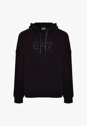 Felpa con cappuccio nera realizzata in morbido tessuto, con tasca frontale, polsini a costine e stampa del logo sul petto.