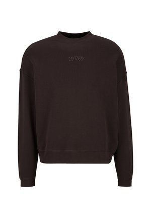 Zwarte sweatshirt met lange mouwen, geribde boorden en zoom, met subtiele geperste tekst "19VG9" op de borst.