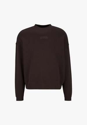 Zwarte sweatshirt met lange mouwen, geribde boorden en zoom, met subtiele geperste tekst "19VG9" op de borst.