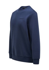 Sudadera azul marino hecha de una mezcla de algodón; cuello redondo, puños y dobladillo acanalados, con un pequeño logo bordado en el pecho.
