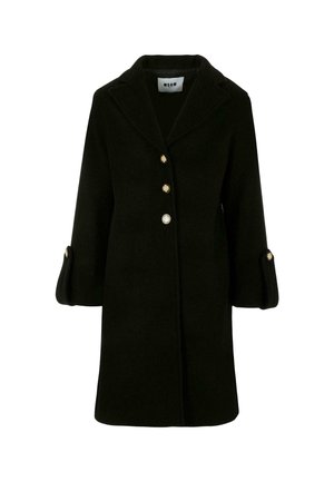 Manteau en laine noire avec un col cranté, trois boutons décoratifs et des manches trois-quarts avec des accents de boutons.