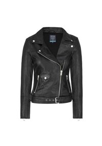 Czarna skórzana kurtka motocyklowa z lekko skróconym fasonem, asymetrycznym zamkiem błyskawicznym, dwiema kieszeniami na zamek błyskawiczny i zatrzaskowym kołnierzem.