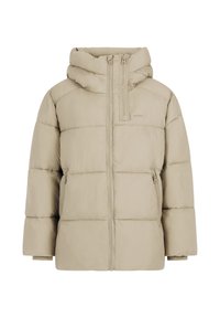 Beige pufferjack met capuchon, voorzien van een rits aan de voorkant, horizontaal gestikte patronen en zijzakken. Zacht materiaal en een relaxte pasvorm.