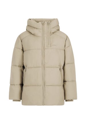 Beige pufferjack met capuchon, voorzien van een rits aan de voorkant, horizontaal gestikte patronen en zijzakken. Zacht materiaal en een relaxte pasvorm.