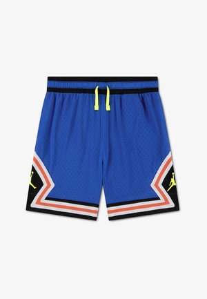 Shorts de basket-ball bleus avec des bordures en zigzag noir, blanc et orange, un cordon de serrage jaune fluo et des panneaux noirs ornés de logos Jumpman jaune fluo.