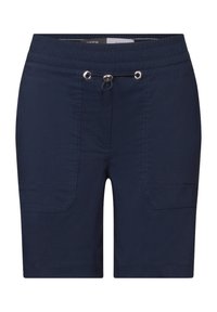 Shorts bleu marine avec une taille élastique, cordon de serrage avec des accents métalliques, et deux poches à l'avant. Texture du tissu lisse.