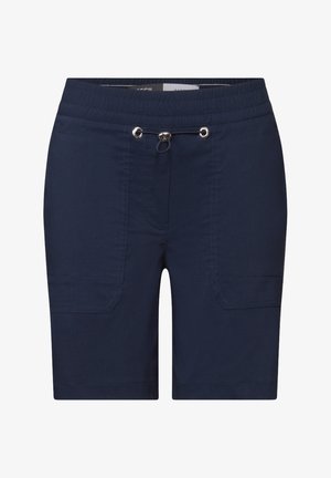 Granatowe szorty z elastycznym pasem, sznurkiem ze metalowymi akcentami oraz dwiema przednimi kieszeniami. Gładka tekstura materiału.