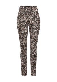 Luipaardprint leggings met een hoge taille, gekenmerkt door een mix van bruin, zwart en crème tinten in een gladde, rekbare stof.