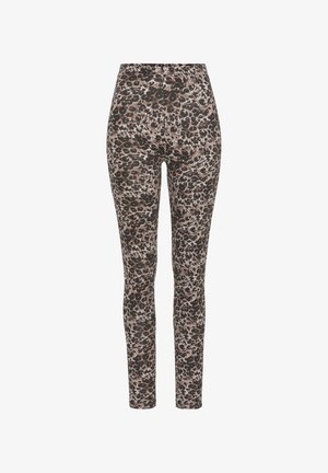 Leggings de estampado de leopardo con cintura alta, que presentan una mezcla de tonos marrón, negro y crema en un tejido suave y elástico.