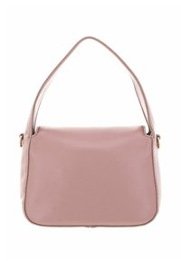 Sac à main synthétique rose avec une bandoulière arrondie, une texture lisse et une forme rectangulaire. Équipé de peu de ferrures et sans motifs visibles.