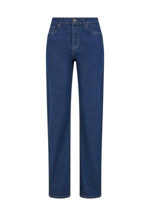 Jeans din denim albastru cu un design drept, talie înaltă, închidere cu nasture și detalii minime de cusătură. Materialul pare robust și texturat.