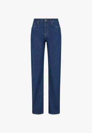 Jeans din denim albastru cu un design drept, talie înaltă, închidere cu nasture și detalii minime de cusătură. Materialul pare robust și texturat.