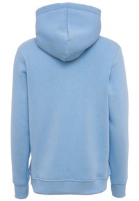 Haut à capuche bleu clair avec poche kangourou, poignets côtelés, capuche à cordon et texture lisse et douce. Vue arrière affichée.
