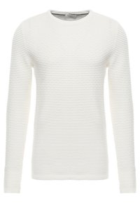 White sweater with a textured ribbed design, long sleeves, and a crew neckline. Soft material with a smooth finish.