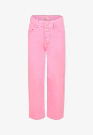 Różowe dżinsowe spodnie z wysokim stanem, posiadające prostą nogawkę, z pięcioknapowym zapięciem z przodu i dwoma bocznymi kieszeniami.