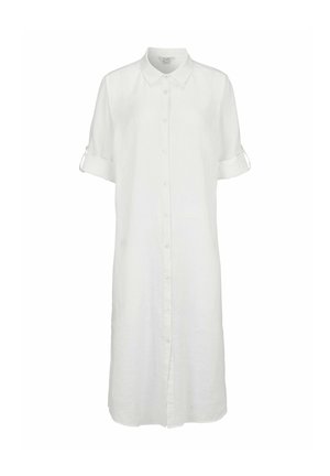 Hvid skjortekjole til knæet med korte, op-rullede ærmer, knaplukning foran og klassisk krave.