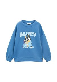 Modrá mikina s veľkou ilustráciou dvoch kreslených psov. Mäkka tkanina, zaoblený výstrih, pruhované manžety a lem.