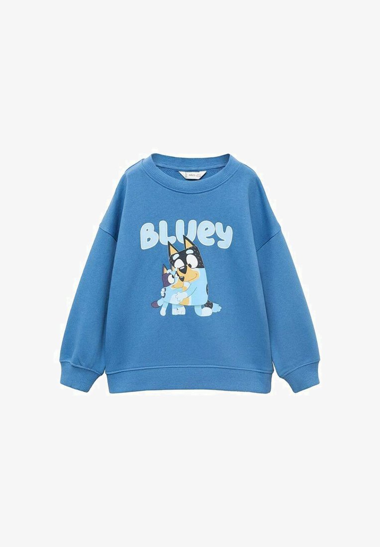 Modrá mikina s veľkou ilustráciou dvoch kreslených psov. Mäkka tkanina, zaoblený výstrih, pruhované manžety a lem.