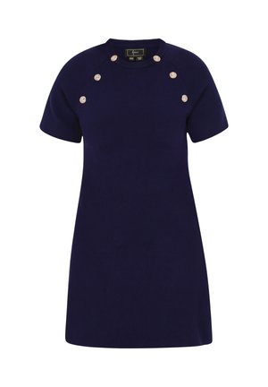 Abito blu navy a maniche corte con scollatura rotonda, caratterizzato da dettagli con bottoni dorati sulle spalle e un taglio dritto. Tessuto morbido.