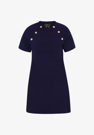 Granatowa sukienka z krótkim rękawem i okrągłym dekoltem, z złotymi guzikami na ramionach i prostym krojem. Miękki materiał.