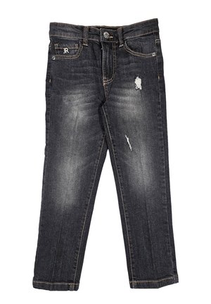 Jeans in denim scuro con dettagli strappati, taglio dritto e cuciture a contrasto. Presentano passanti per cintura e tasche frontali.
