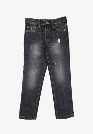 Jeans in denim scuro con dettagli strappati, taglio dritto e cuciture a contrasto. Presentano passanti per cintura e tasche frontali.
