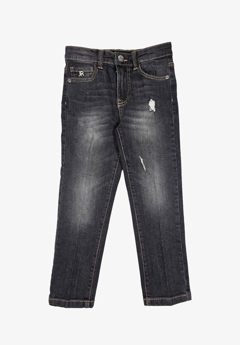 Jeans in denim scuro con dettagli strappati, taglio dritto e cuciture a contrasto. Presentano passanti per cintura e tasche frontali.