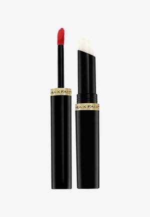 Prodotto per labbra rosso con doppio applicatore: punta morbida e punta piatta per rossetto. Custodia nera elegante con dettagli in oro.