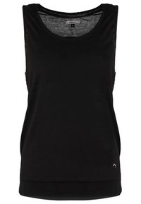 Svart ärmlös topp i mjukt tyg, med rund halsringning och en något rundad nederkant. Litet varumärkeslogotyp på nederkantens högra sida.
