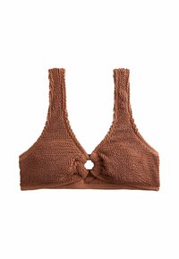 Brown textured bikini top with wide straps and a small circular cutout at the center front between the cups.