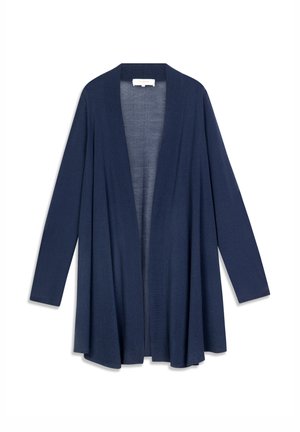 Donkerblauwe openvallende cardigan, gemaakt van lichtgewicht stof, met lange mouwen en een ontspannen pasvorm, zonder sluitingen of patronen.