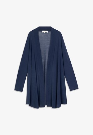 Donkerblauwe openvallende cardigan, gemaakt van lichtgewicht stof, met lange mouwen en een ontspannen pasvorm, zonder sluitingen of patronen.