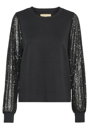 Black long-sleeve top with a solid body and textured, sequined sleeves featuring a fitted cuff. Soft material with a relaxed fit.