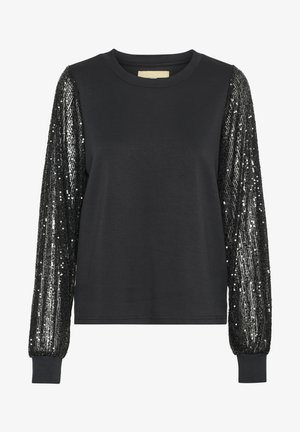 Must musta pikkade varrukatega pluus, millel on ühtlane kehaosa ja tekstuuriga, sädelevad varrukad, millel on sobiv mansett. Pehme materjal, millel on lõdvestunud lõige.