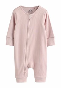 Ružové rebrované dojčenské body s dlhými rukávmi, vybavené predným zipsom a elastickými manžetami na zápästiach a členkoch. Mäkká textúra materiálu.