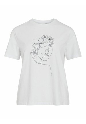 Vit bomullströja med en svart linjeteckning av ett ansikte prytt med blommiga detaljer. Korta ärmar och avslappnad passform.
