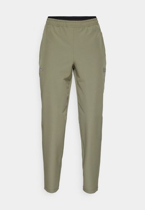 Olive green pants made of lightweight material, featuring an elastic waistband, tapered leg design, and side pockets.