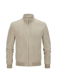 Beige Wildlederjacke mit Reißverschluss, Stehkragen, gerippten Bündchen und Saum, mit einem strukturierten Muster für zusätzliche Details.