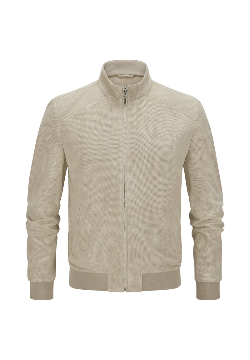 Beige Wildlederjacke mit Reißverschluss, Stehkragen, gerippten Bündchen und Saum, mit einem strukturierten Muster für zusätzliche Details.
